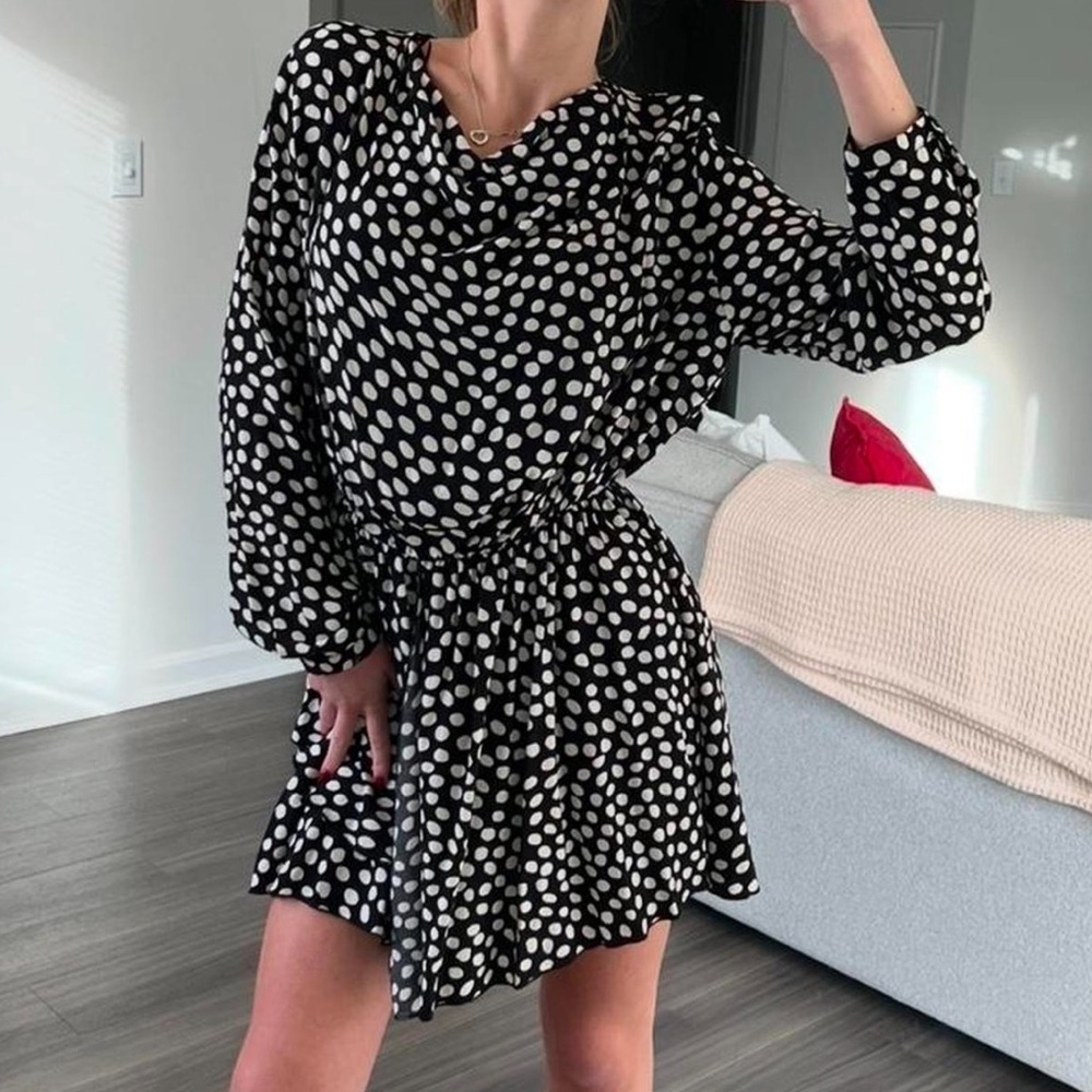 Zara Black and White Polka Dot Long Sleeve Dress